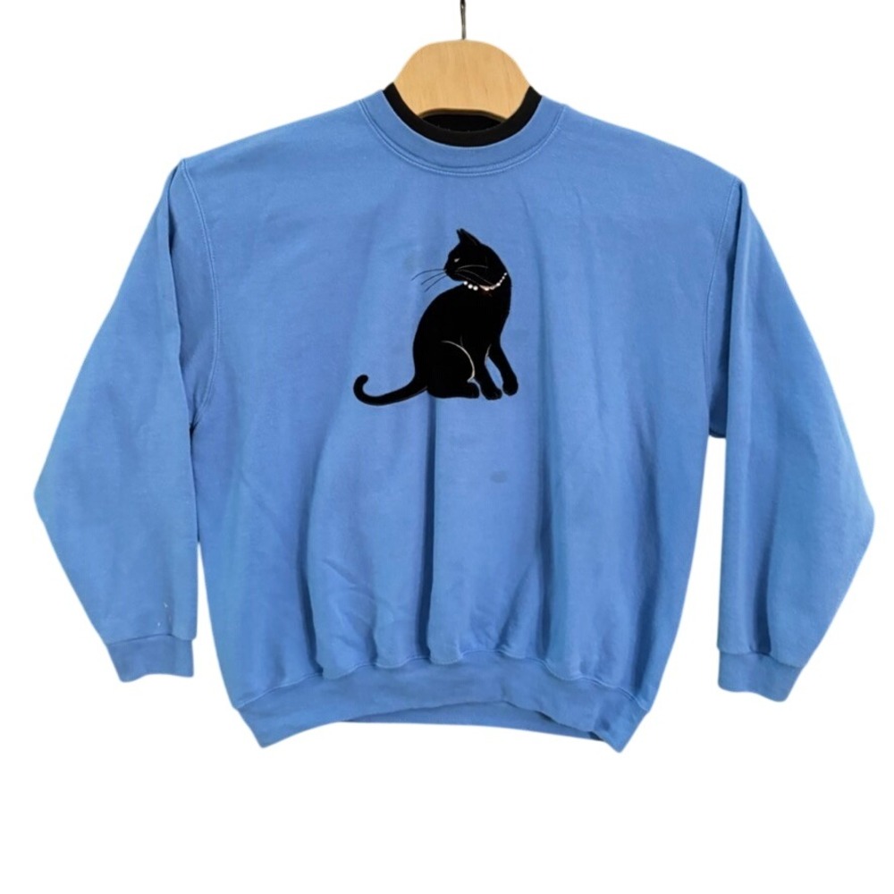 Top Stitch by Morning Sun Black Cat Rhinestone Blue Sweatshirt 2XL Vintage Style